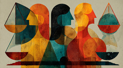 Fototapeta premium Gender equality concept with diverse human profiles. Social justice and legal balance art.