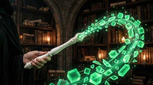 Wizard holding white magic wand casting green crystal spell. Ancient library with bookshelves in dark background.
