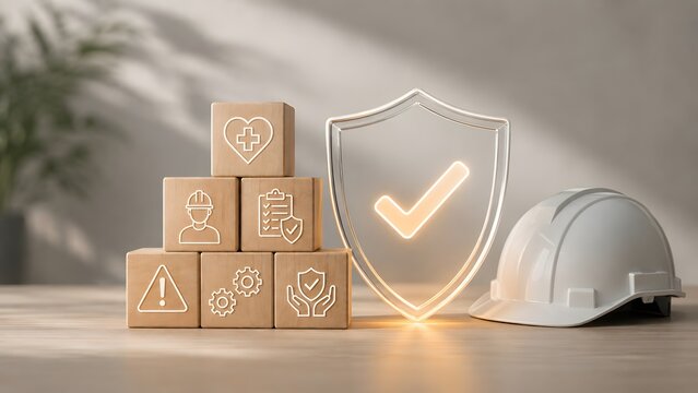 Occupational health and safety compliance framework featuring wooden hazard icons beside protective shield and industrial hard hat.