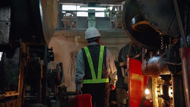 Factory supervisor wearing safety vest and helmet walking through an industrial workshop to inspect machinery and monitor production operations in a manufacturing facility.
