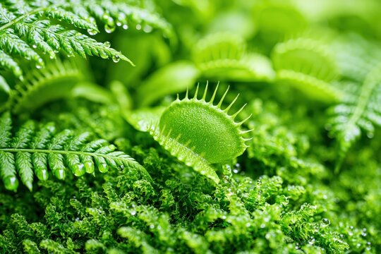 Close-up macro shot of a vibrant green Venus flytrap with dew drops on surrounding ferns and moss.