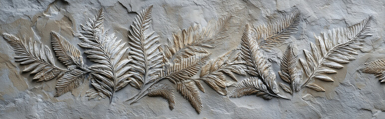 Naklejka premium Ancient Fern Fossils Preserved in Stone Natural Paleontology Rock Texture