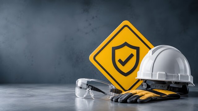 Industrial occupational safety equipment featuring hard hat with protective goggles and warning compliance shield.