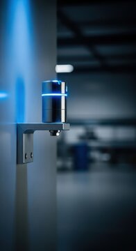 High-tech industrial proximity sensor mounted on a metallic bracket for precise object detection in a modern automated factory environment, detection, current, sensor