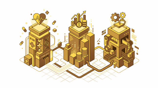 Enterprise AI Silos: Isometric Art Showing Specialized Agent Nodes for Healthcare, Finance, and Industry