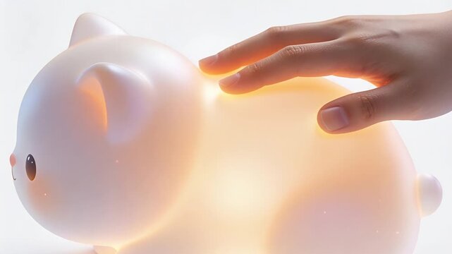 Touching human hand activating cat-shaped night light on studio tabletop, brightening warm LED glow