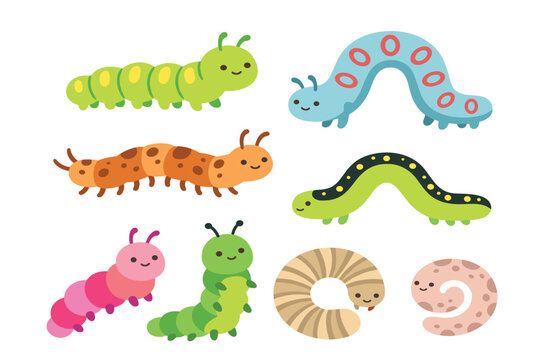 Cute caterpillar vector cartoon illustration set. Colorful friendly worm characters, insect larvae figures, baby bug collection and preschool biology education elements.