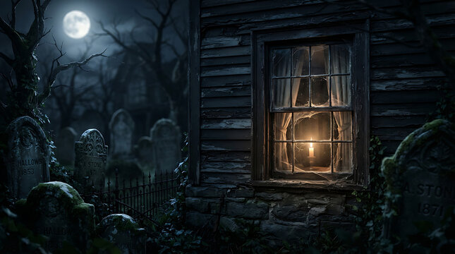 Spooky old abandoned house with lit window in creepy cemetery at night under full moon, horror concept