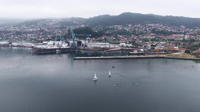 Aerial View of the Real Club N&aacute;utico Marina Slips and Floating Pontoons in the R&iacute;a de Vigo Estuary