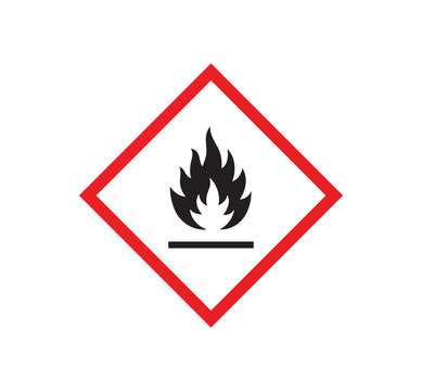 GHS flame pictogram with flammable hazard warning symbol in red diamond square. Safety label for flammable materials, fire safety, OSHA and hazard communication