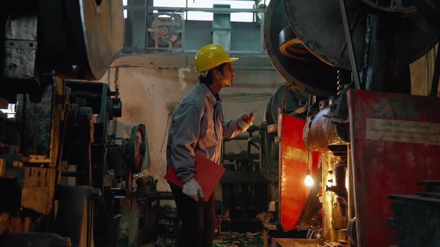 Industrial technician performing equipment inspection beside a heavy press machine inside a factory. Mechanical engineering, maintenance, and industrial safety concept.
