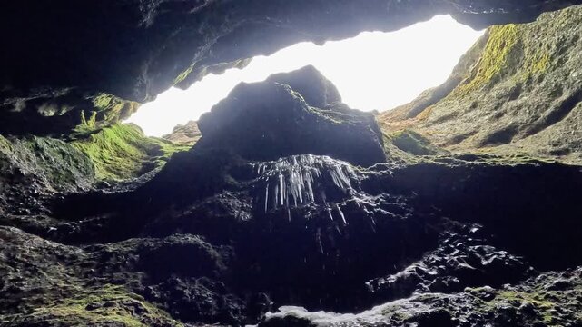 Raudfeldsgja Gorge interior looking up narrow rock walls with water trickling over mossy overhang, Snaefellsnes