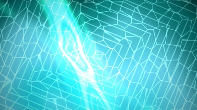 Glowing turquoise light beam behind complex geometric wireframe grid on dark background.