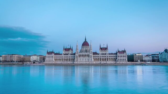 Budapest Parliament Building day to night transition time-lapse video captured from the bank of Danube River.