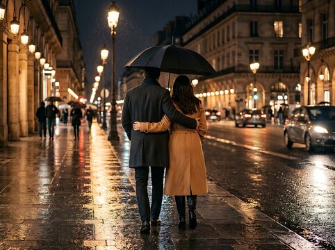A romantic couple walking under an umbrella on a rainy night in paris