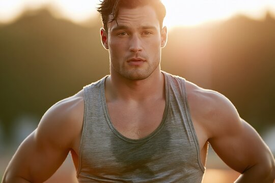 Muscular man in tank top, sweating after intense workout, backlit by warm golden hour sunlight.