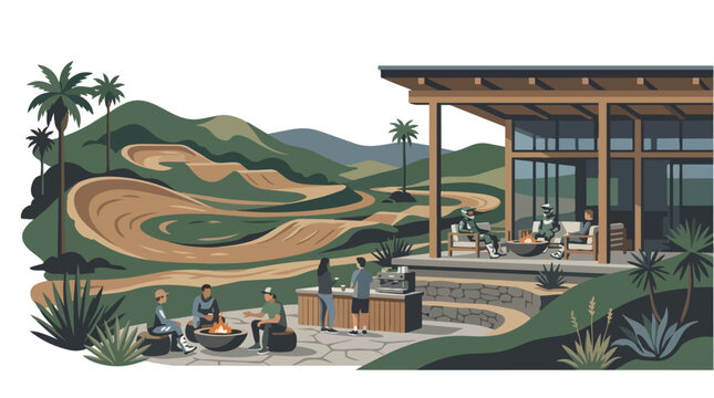 People gathered outdoors around a fire pit by a modern house.