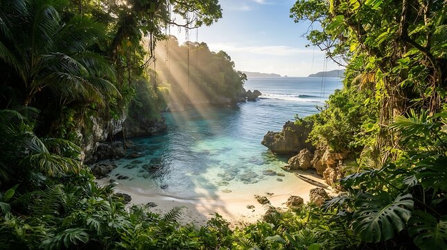 Serene tropical beach cove with sunbeams shining through lush green jungle canopy onto turquoise ocean water