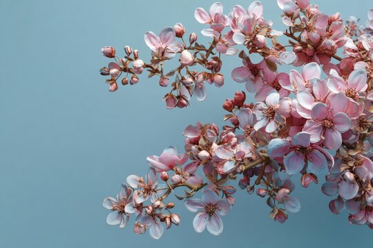 A gentle ode to spring: floral elegance meets calm blue hues. Majestic beauty. Captivating spring blooms: subtle changes in position on a blue canvas. Chic appearance. Luxury apparel.