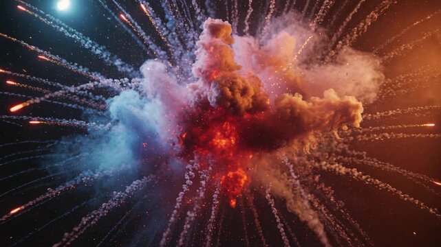 Igniting central blast producing expanding fireball and mixing blue orange smoke on black backdrop