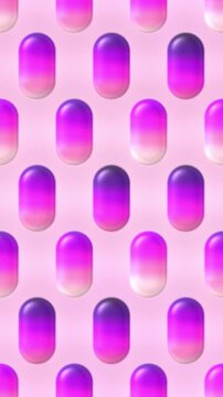 Magenta and purple glossy gradient pills pattern, animated 3d capsules background, seamless looping vertical video