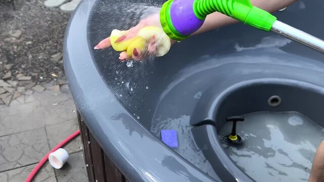 person washes large grey jacuzzi tub with water hose spray in cozy garden backyard. Green and purple spray lance sprays clean water onto interior surface of hot tub. Housewife maintains spa equipment.