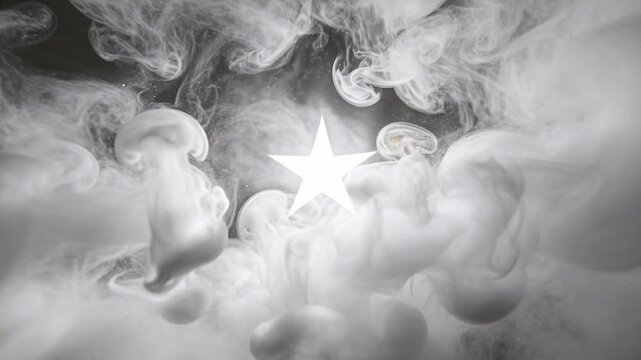 Glowing 5-point star staying centered in studio during play, smoke rising, framing star with sparks