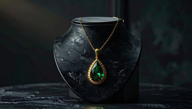 Elegant Emerald Teardrop Pendant Necklace with Gold Chain on Black Display Stand