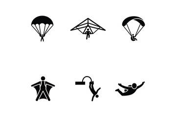 Extreme sports icon set featuring skydiving and paragliding silhouettes - Collection of air sports symbols for adventure and adrenaline activities © Abdulla11