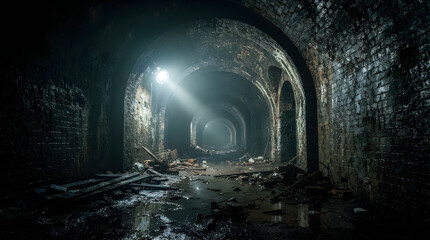 Naklejka premium Spooky abandoned tunnel for happy halloween dark brick archway with debris and dramatic lighting