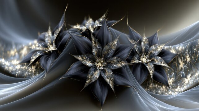 Abstract glossy blue metallic floral sculpture.