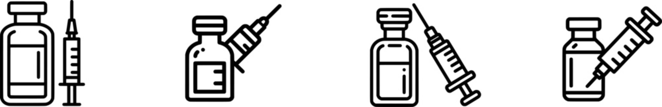 A minimalist icon of a clear medicine vial and a sterile syringe against a stark white background