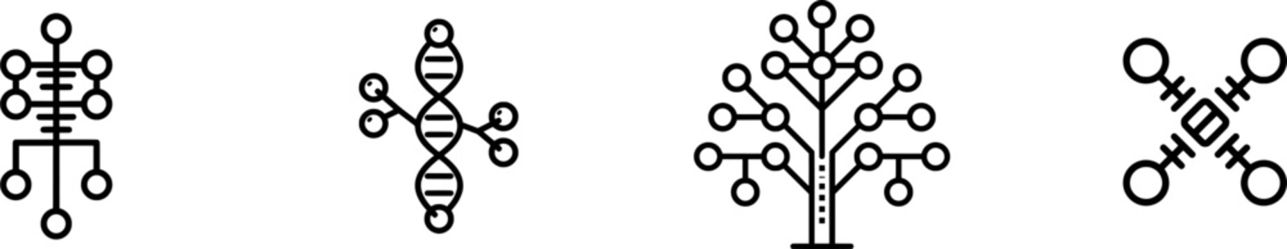 A minimalist linear genetic tree icon with five branches against a stark white background