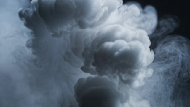 Rising dense white plume forming lobes after release on black backdrop driven by buoyancy side-lit