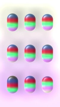 Teal and red glossy gradient pills grid on lavender background, animated 3d capsules, seamless looping vertical video