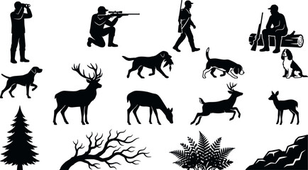 Fototapeta premium Black Silhouette Vector Set of Hunters and Hunting Dogs Tracking Deer Stag Elk and Forest Wildlife Nature Graphic Elements for Outdoor Adventure Designs