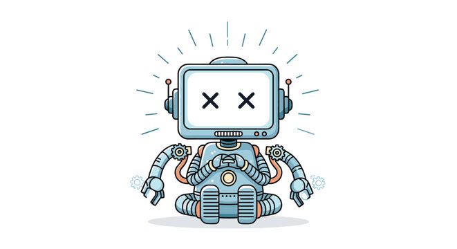 Cute retro metal robot sitting down with dead cross eyes on its screen representing a broken or turned off machine.