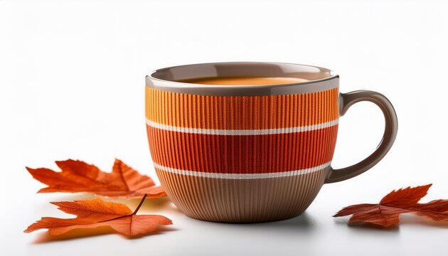 Cozy Autumn Coffee Cup With Striped Design Warm Seasonal Drink Element Isolated On White Background For Fall And Comfort Themes