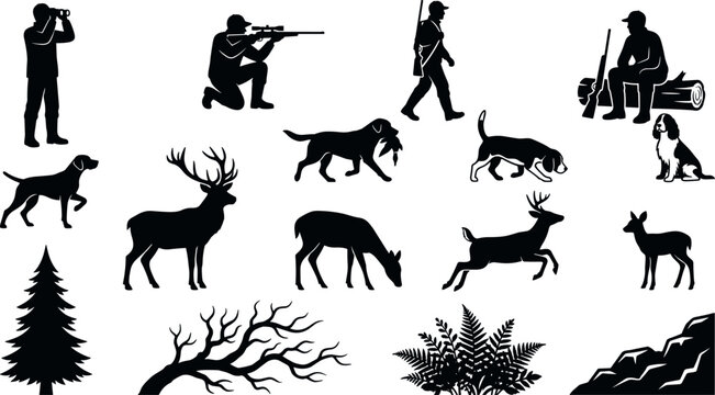 Black Silhouette Vector Set of Hunters and Hunting Dogs Tracking Deer Stag Elk and Forest Wildlife Nature Graphic Elements for Outdoor Adventure Designs