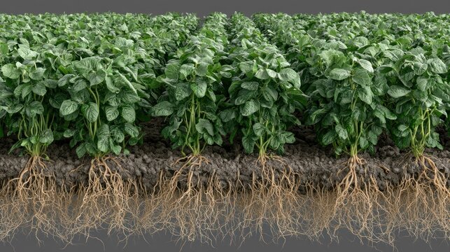Wide view of plant field and underground root network.