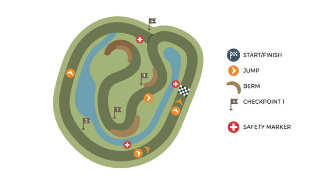 Top view of a professional motocross racing circuit map with obstacles.