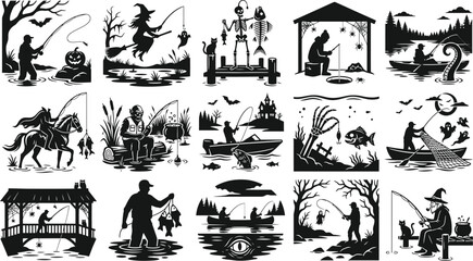 Fototapeta premium Spooky halloween vector bundle vintage fishing monster illustrations for creepy designs