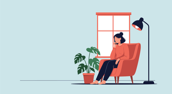 Pensive young woman sitting in a cozy orange armchair under a floor lamp, looking down in deep thought.