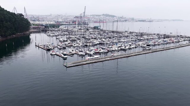 Aerial View of the Real Club N&aacute;utico Marina Slips and Floating Pontoons in the R&iacute;a de Vigo Estuary