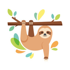 Obraz premium Cute Sloth Hanging on Tree Branch with Colorful Leaves