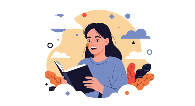 Enthusiastic young woman holding an open book and reading with a bright happy expression surrounded by clouds.