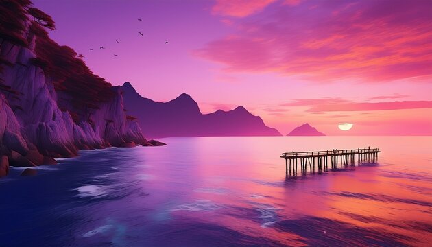 Serene Purple Seascape With Mountains Cliff And A Lone Pier At Sunrise