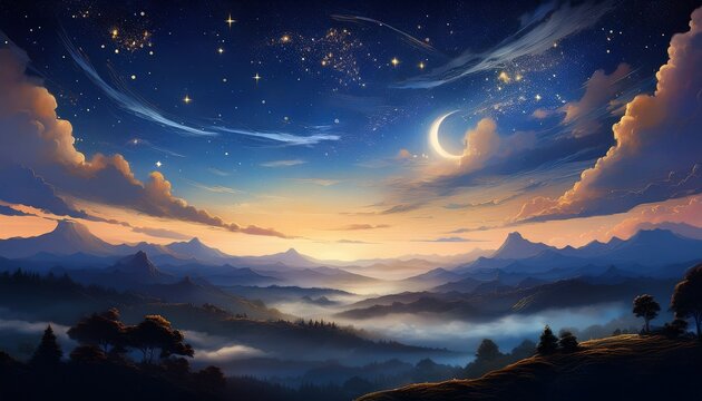 A Serene Landscape Of Evening Mist Twilight Sky And Starry Night With Delicate Clouds And Ancient Scroll Like Constellations