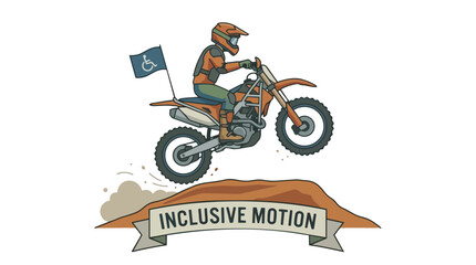 Obraz premium Motocross rider jumping with inclusive disability symbol flag.