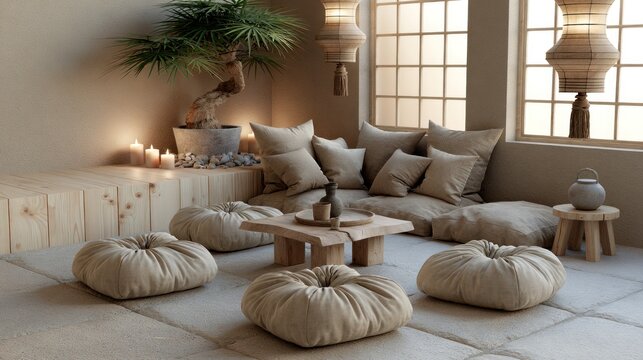 Zen meditation room with bonsai and floor cushions